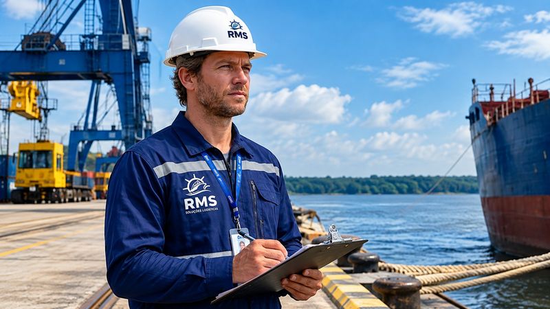Agente marítimo de capacete e uniforme da RMS com prancheta em terminal portuário, com guindastes e navio atracado ao fundo